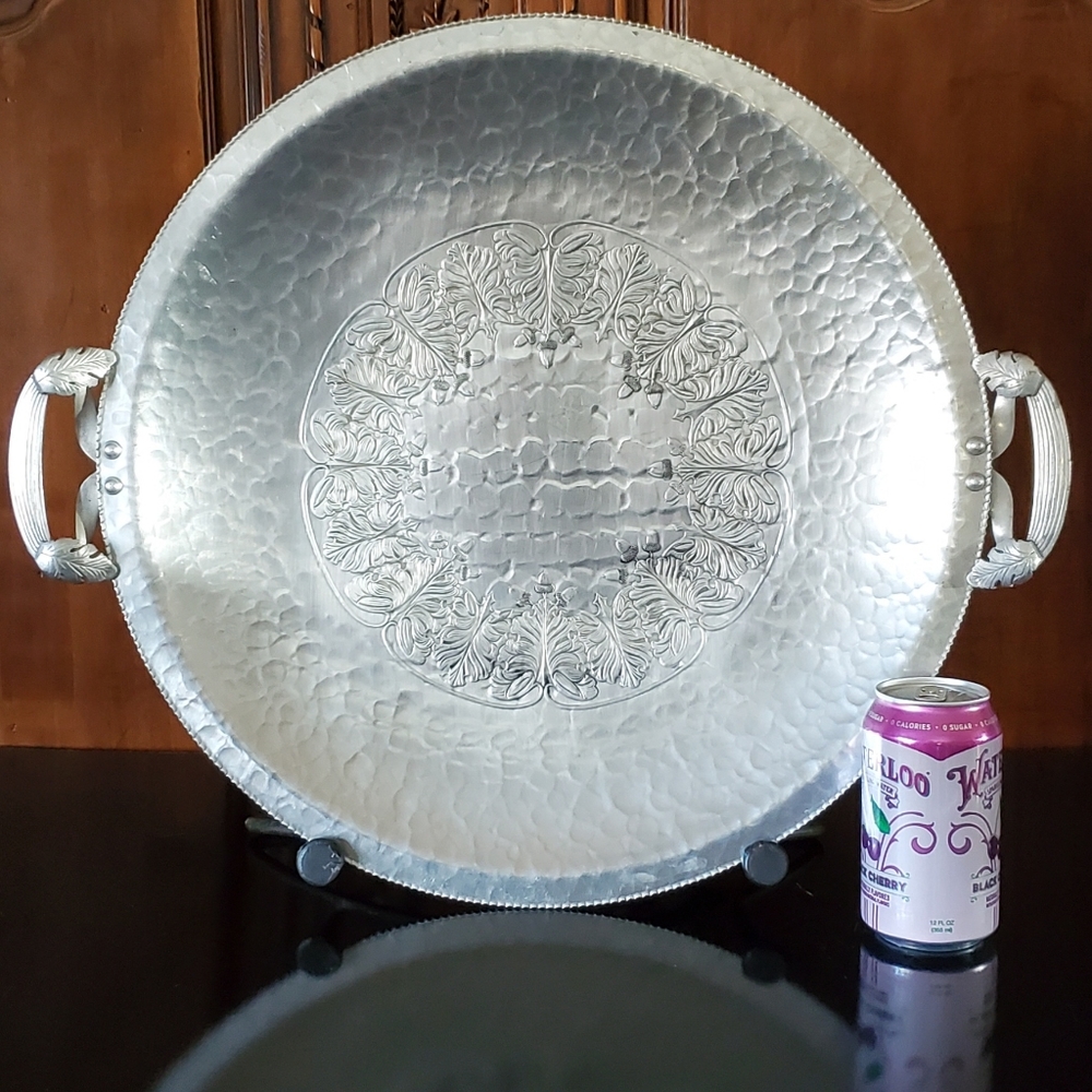 Vntg 20 1/2" Hand Wrought Hammered Texture Acorn 2 Handle Tray #551 Continental